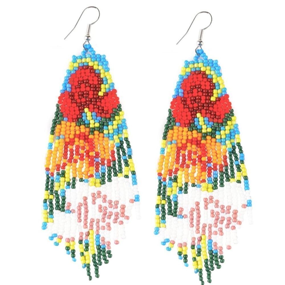 Flower Bohemian Seed Bead Tassel Dangling Statement French Wire Hook Earrings